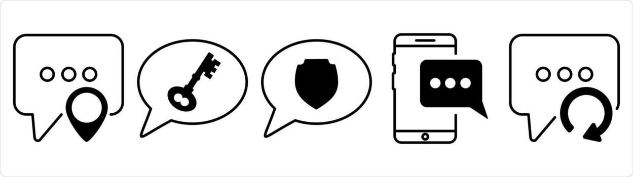 A set of 5 contact icons as message location, message security, mobile message in black line color vector