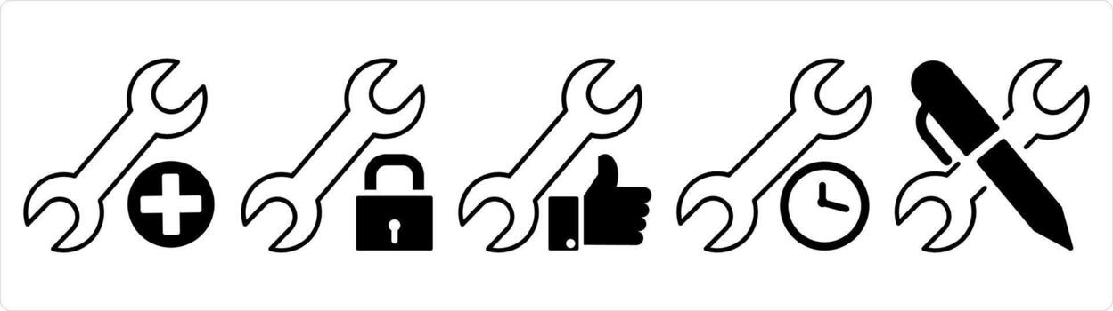 A set of 5 contact icons as add settings, setting protection, like settings in black line color vector