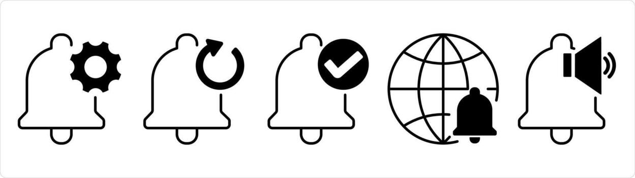 A set of 5 contact icons as notification setting, refresh notification, right notification in black line color vector