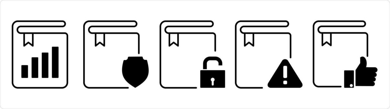 A set of 5 document icons as graph book, book protection, book security in black line color vector