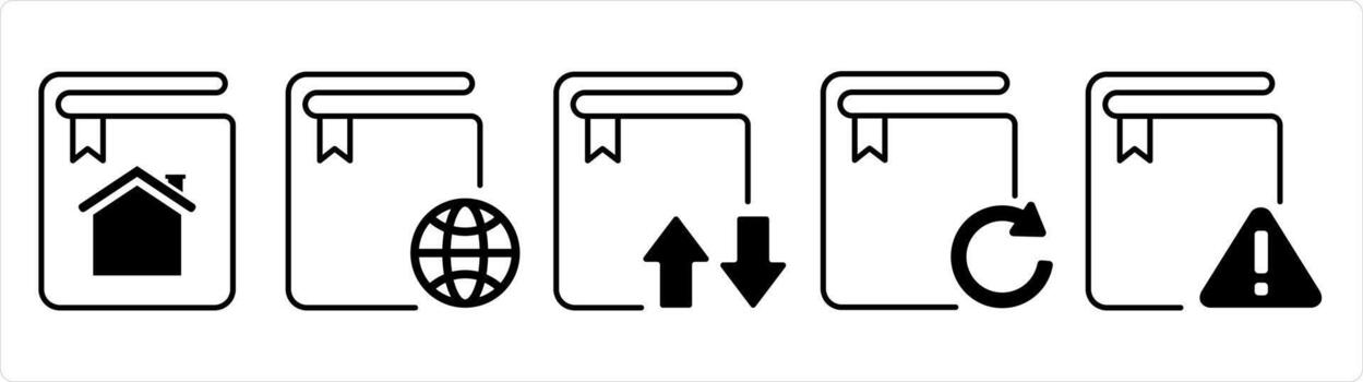 un conjunto de 5 5 documento íconos como hogar libro, global libro, sincronizar libro en negro línea color vector