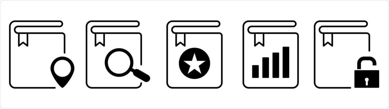 un conjunto de 5 5 documento íconos como ubicación libro, buscar libro, favorito libro en negro línea color vector