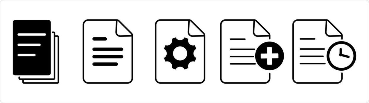 A set of 5 document icons as duplicate copy, document, page setting in black line color vector
