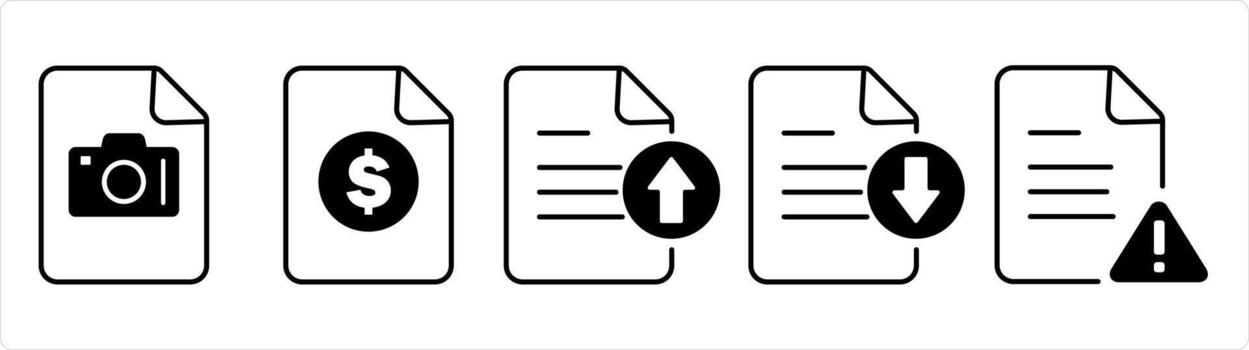 A set of 5 document icons as image document, invoice, upload file in black line color vector