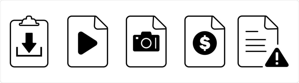 un conjunto de 5 5 documento íconos como descargar archivo, archivo, imagen documento en negro línea color vector