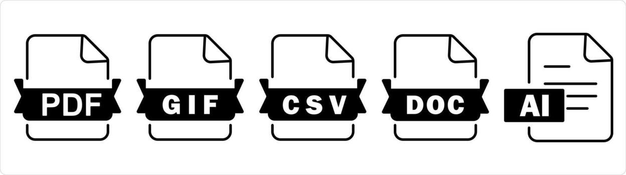 A set of 5 document icons as pdf file, gif file, csv file in black line color vector