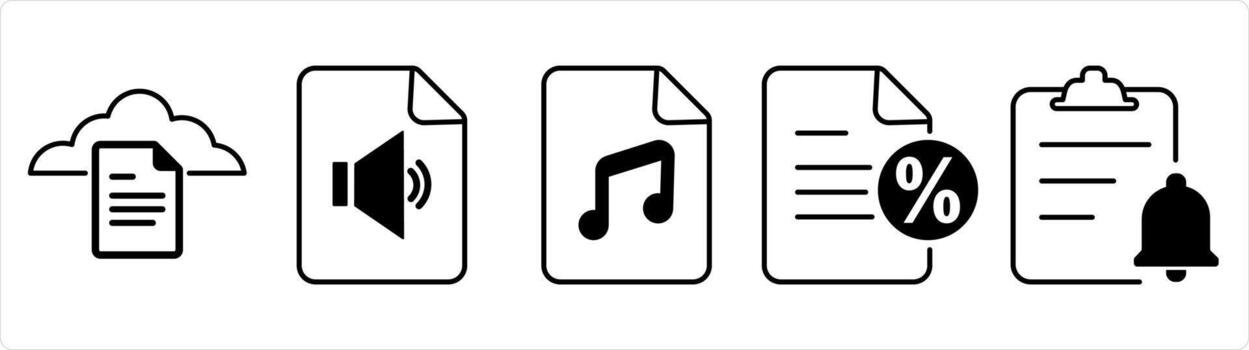 A set of 5 document icons as cloud document, audio file, music file in black line color vector