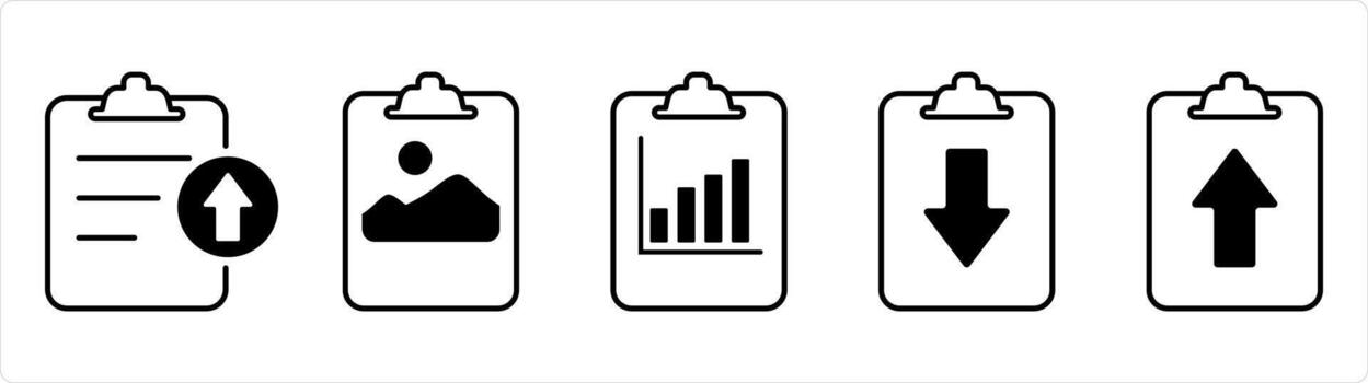 A set of 5 document icons as upload file, image document, graph document in black line color vector