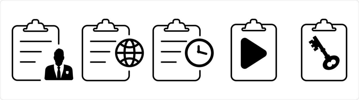 A set of 5 document icons as document, global page, page time, file in black line color vector