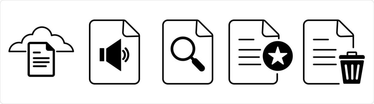 A set of 5 document icons as cloud document, audio file, search page in black line color vector
