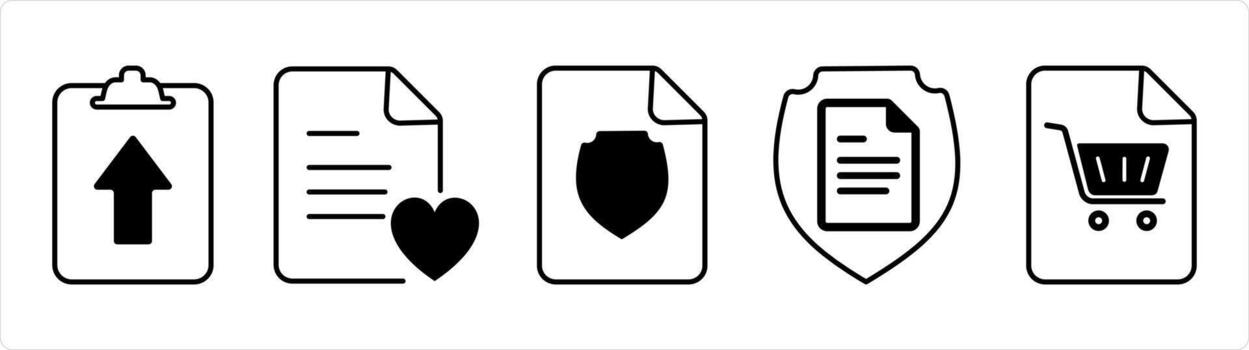 A set of 5 document icons as upload page, favorite page, document security in black line color vector