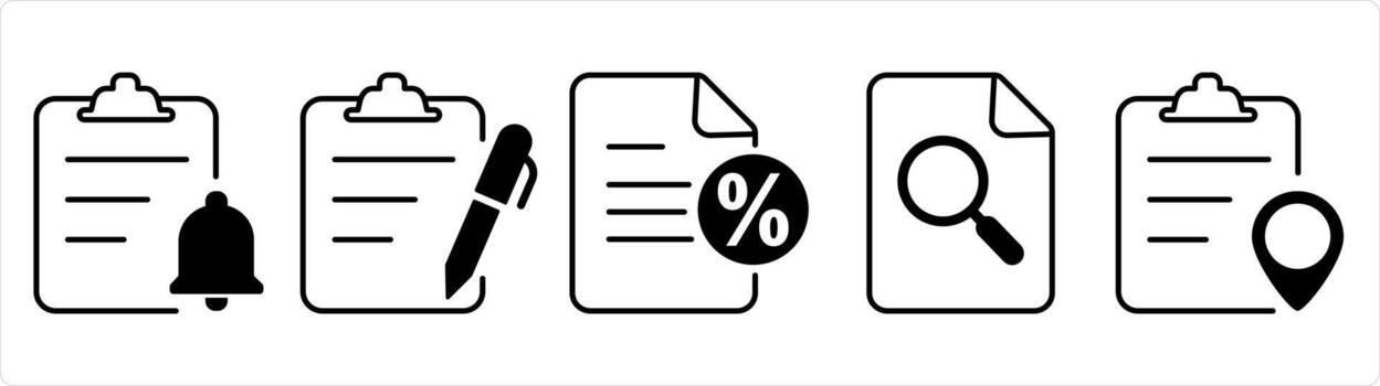 A set of 5 document icons as page notification, edit page, promissory note in black line color vector