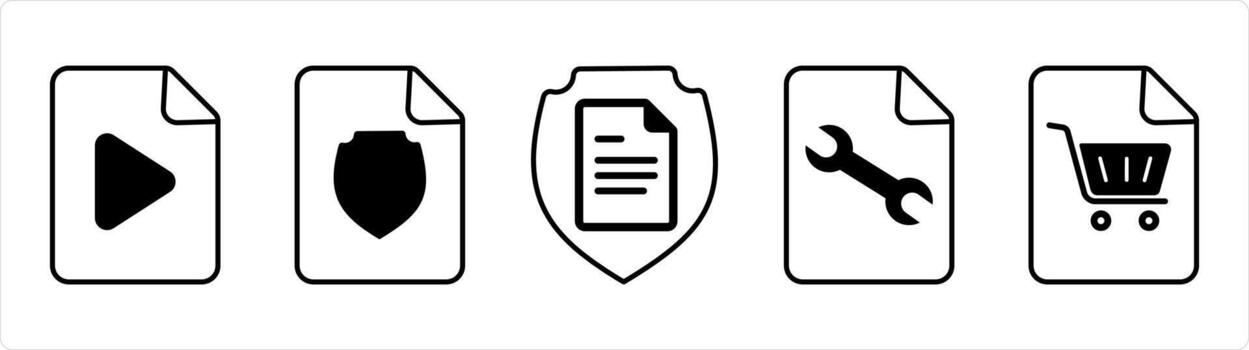 A set of 5 document icons as file, document security, page setting in black line color vector