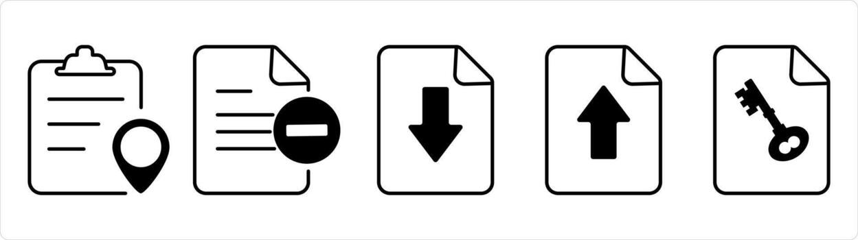 A set of 5 document icons as location page, right document, download page in black line color vector