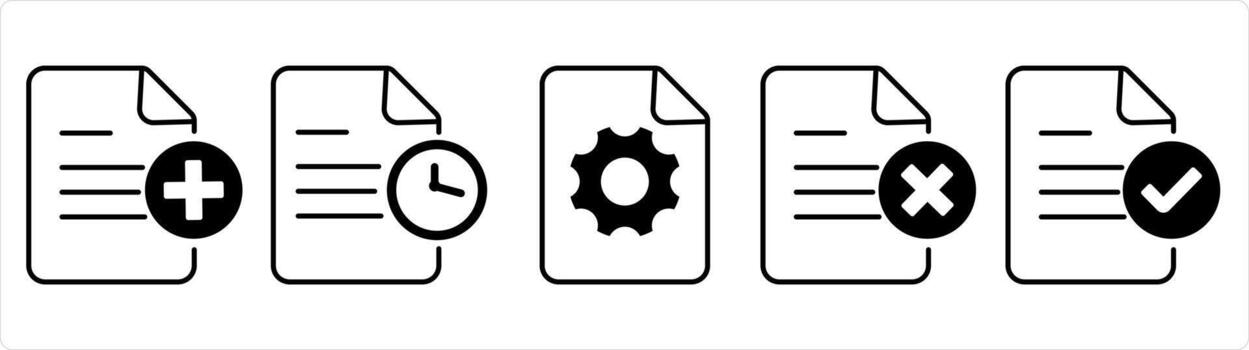 A set of 5 document icons as create page, document time, page setting in black line color vector