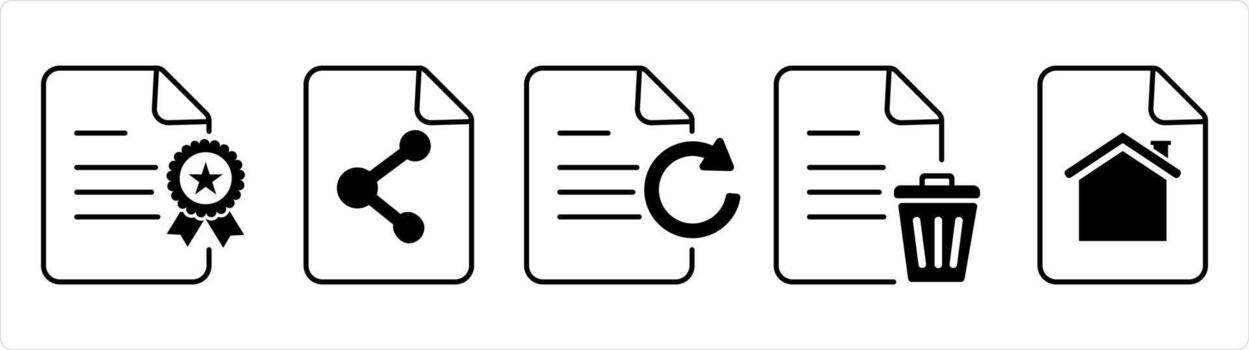 A set of 5 document icons as certificate, share document, update document in black line color vector