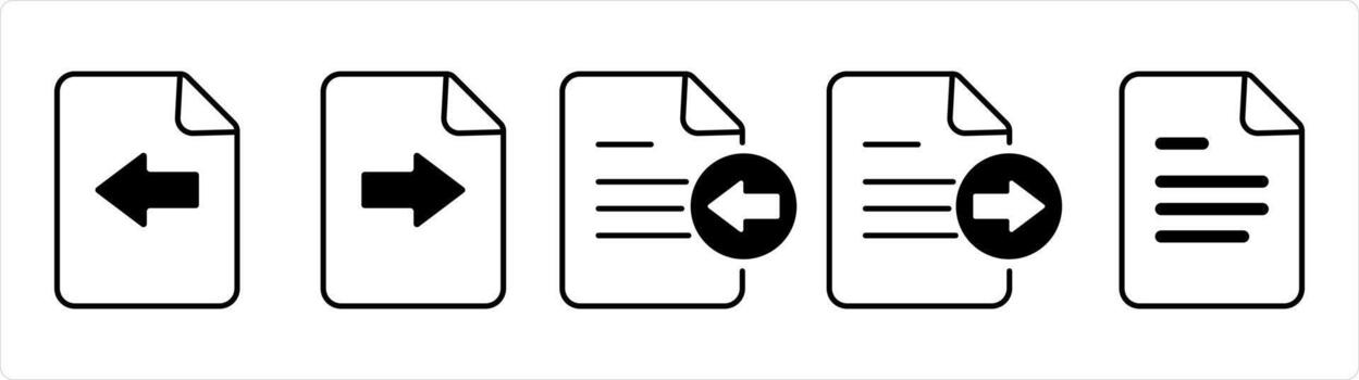 A set of 5 document icons as receive file, send file, document in black line color vector