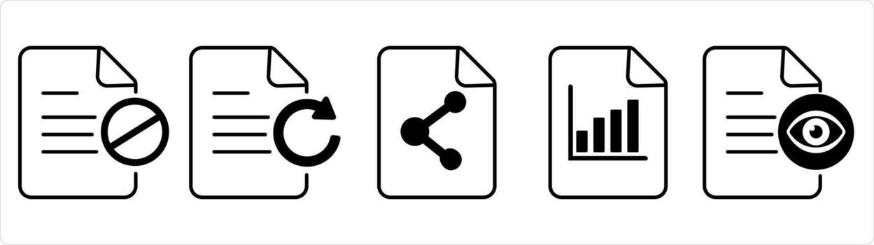 A set of 5 document icons as document prohibited, update document, share document in black line color vector