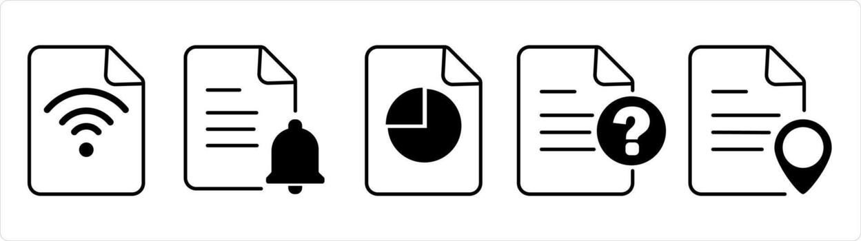 A set of 5 document icons as wifi document, page notification, pie chart in black line color vector