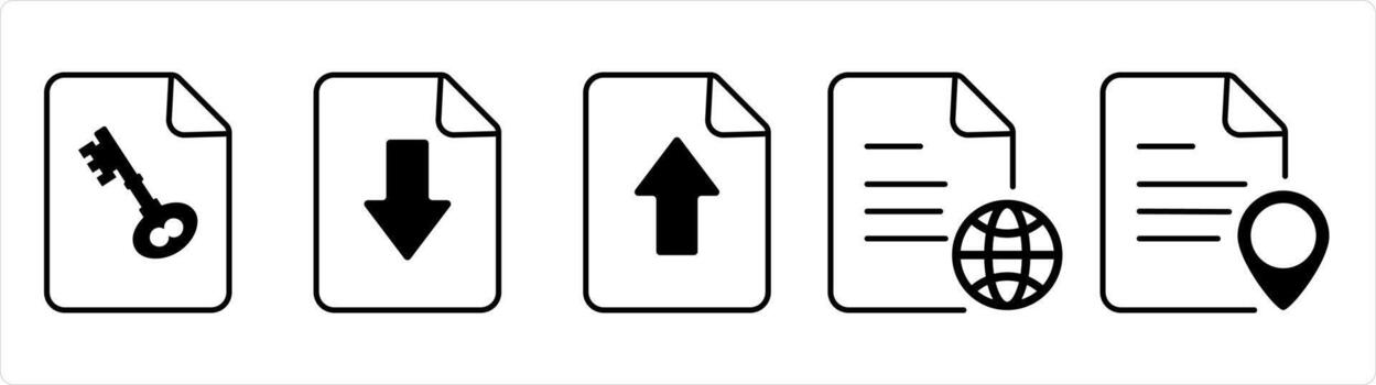 A set of 5 document icons as page security, download page, upload page in black line color vector