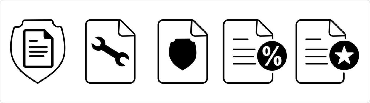 A set of 5 document icons as document security, page setting, promissory note in black line color vector