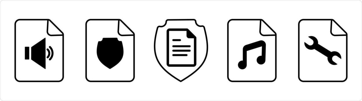 A set of 5 document icons as audio file, document security, music file in black line color vector