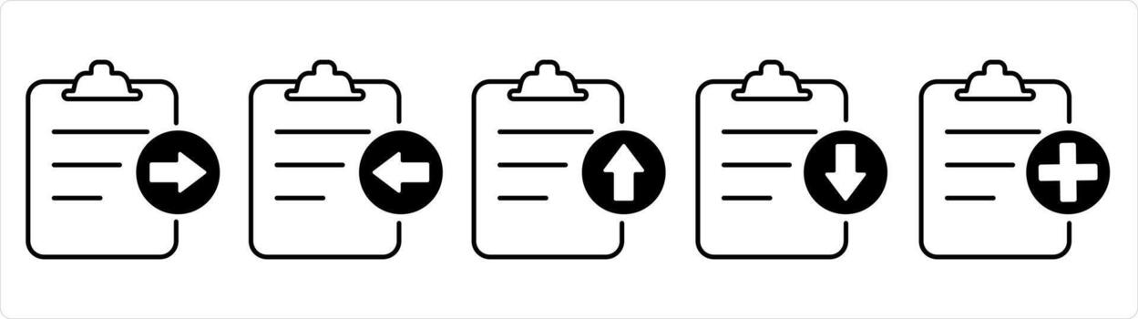 A set of 5 document icons as receive file, download file, upload file in black line color vector