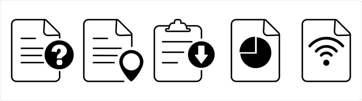 un conjunto de 5 5 documento íconos como pregunta, página ubicación, descargar archivo en negro línea color vector