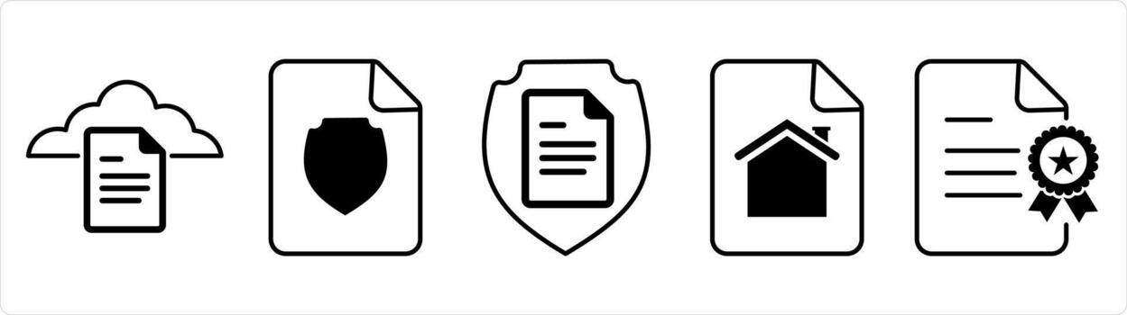 A set of 5 document icons as cloud document, document security, home page in black line color vector