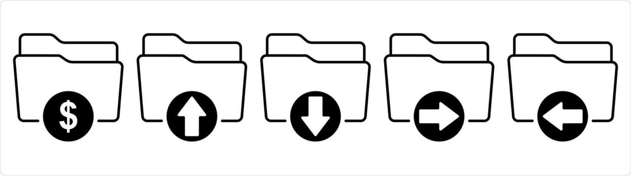 A set of 5 document icons as finance folder, upload folder, download folder in black line color vector