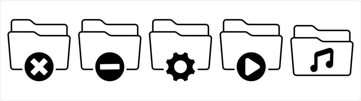 A set of 5 document icons as wrong folder, remove folder, folder setting in black line color vector