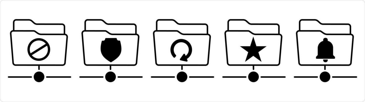 A set of 5 document icons as folder prohibited, folder protection, update folder in black line color vector
