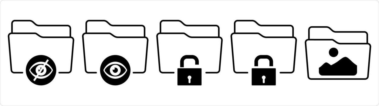 un conjunto de 5 5 documento íconos como invisible carpeta, ver carpeta, carpeta seguridad en negro línea color vector