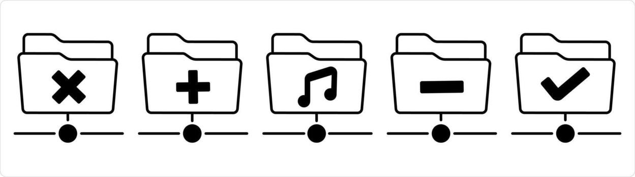 A set of 5 document icons as wrong folder, create folder, music folder in black line color vector
