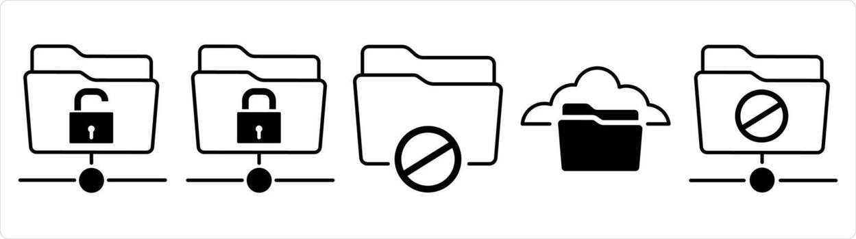 A set of 5 document icons as folder protection, folder prohibited, cloud folder in black line color vector
