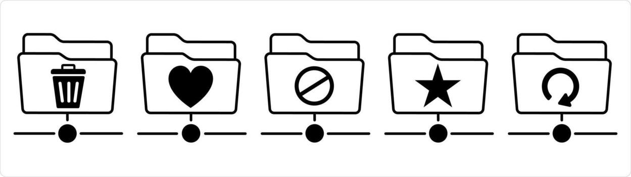 un conjunto de 5 5 documento íconos como basura carpeta, favorito carpeta, carpeta prohibido en negro línea color vector