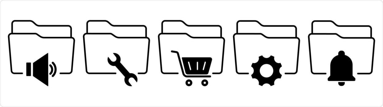 un conjunto de 5 5 documento íconos como audio carpeta, carpeta configuración, compras carpeta en negro línea color vector