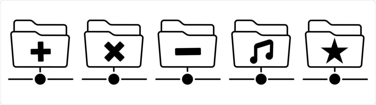 un conjunto de 5 5 documento íconos como crear carpeta, incorrecto carpeta, eliminar doblar en negro línea color vector