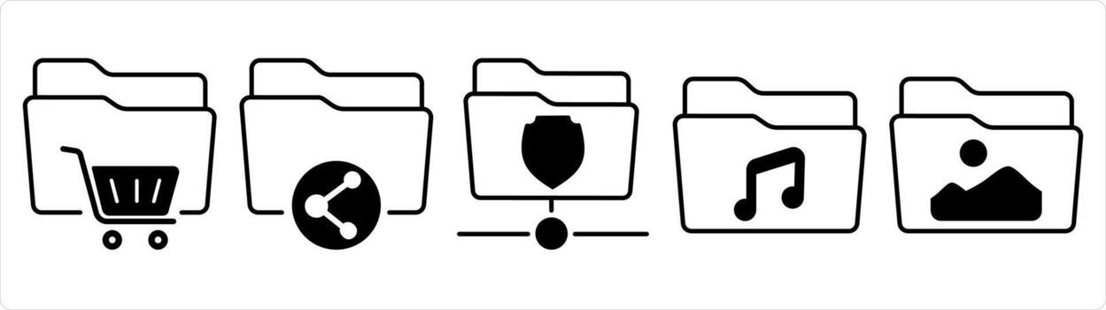 un conjunto de 5 5 documento íconos como compras carpeta, compartir carpeta, carpeta protectio en negro línea color vector