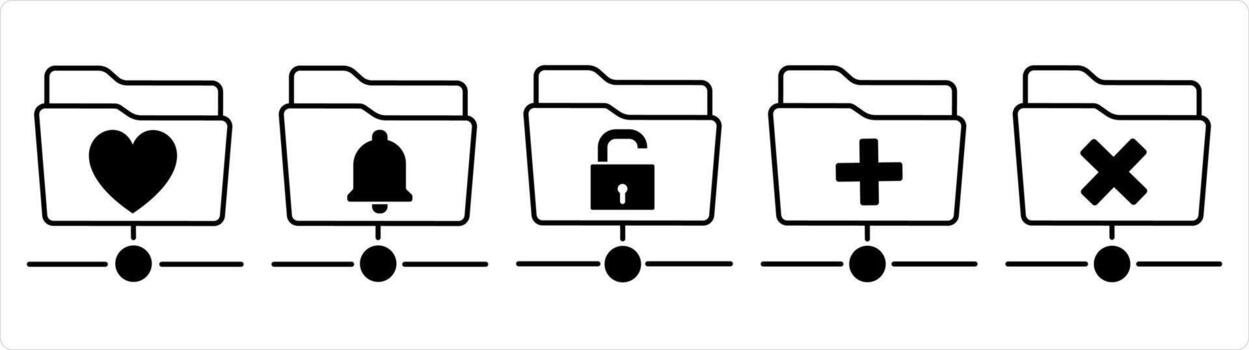 un conjunto de 5 5 documento íconos como favorito carpeta, carpeta notificación, carpeta proteccion en negro línea color vector