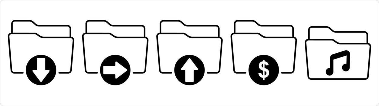 A set of 5 document icons as download folder, send folder, upload folder in black line vector