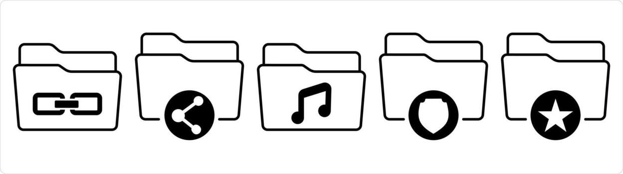 A set of 5 document icons as link folder, share folder, music folder in black line color vector