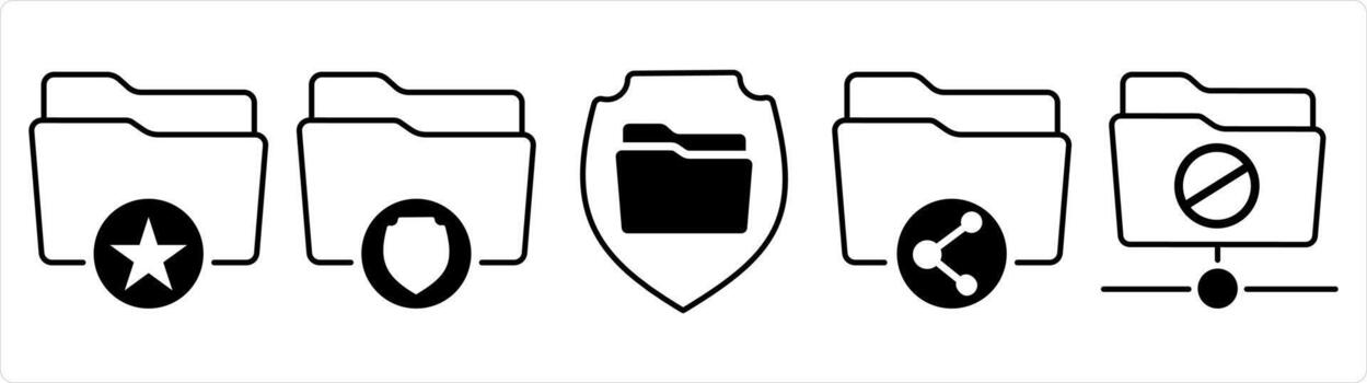 un conjunto de 5 5 documento íconos como favorito carpeta, carpeta seguridad, compartir carpeta en negro línea color vector