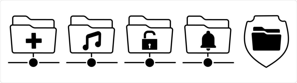 un conjunto de 5 5 documento íconos como crear carpeta, música carpeta, carpeta proteccion en negro línea color vector