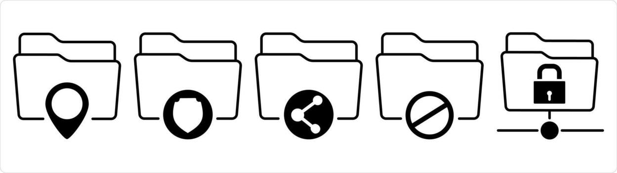 A set of 5 document icons as folder location, folder security, share folder in black line color vector