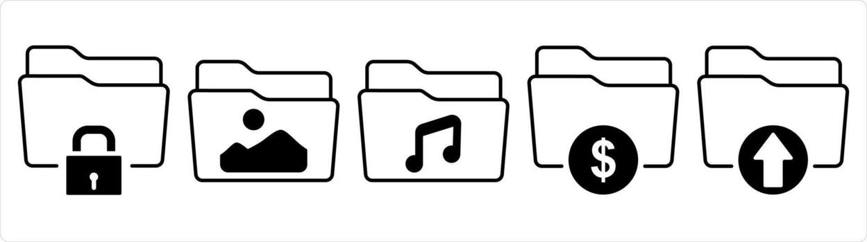 un conjunto de 5 5 documento íconos como carpeta seguridad, imagen carpeta, música carpeta en negro línea color vector