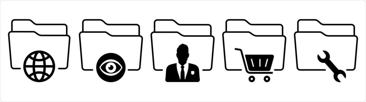 un conjunto de 5 5 documento íconos como internacional carpeta, ver carpeta, privado carpeta en negro línea color vector