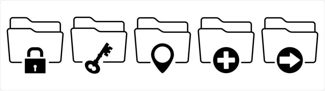 A set of 5 document icons as folder security, folder location, create folder in black line color vector