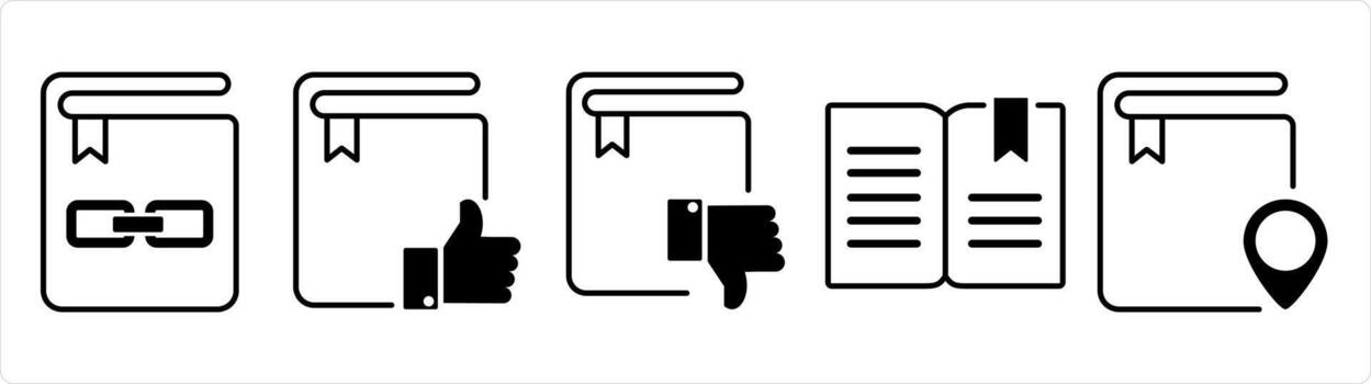 A set of 5 document icons as link book, approved book, dislike book in black line color vector