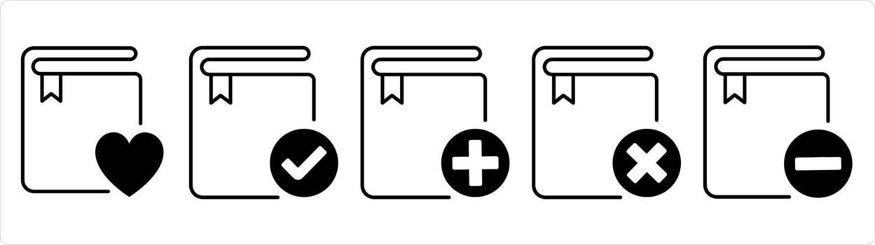 un conjunto de 5 5 documento íconos como aprobado libro, añadir libro en negro línea color vector